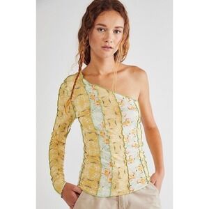 NWT Free People Flower Power FABULOUS Pieced floral Pattern Top One shoulder Lg